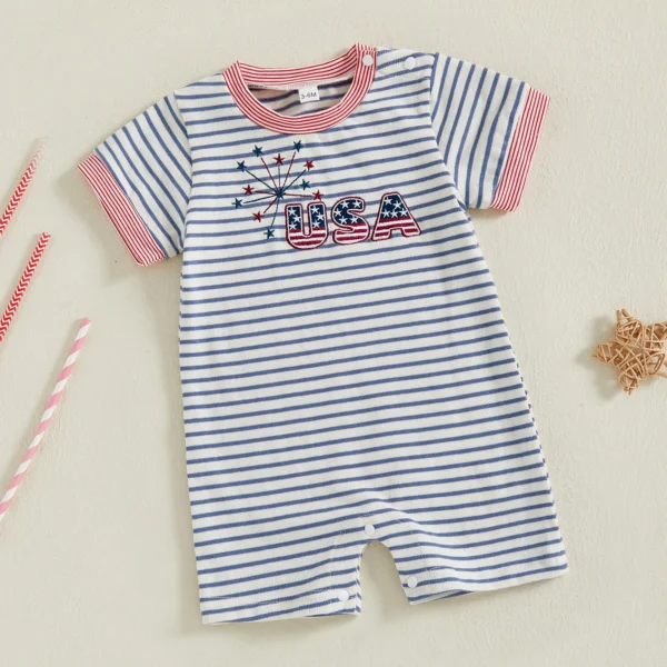 Baby Boy Fourth of July Romper Short Sleeve Crew Neck Firework Embroidery Jumpsuit Newborn Playsuit – Bild 2