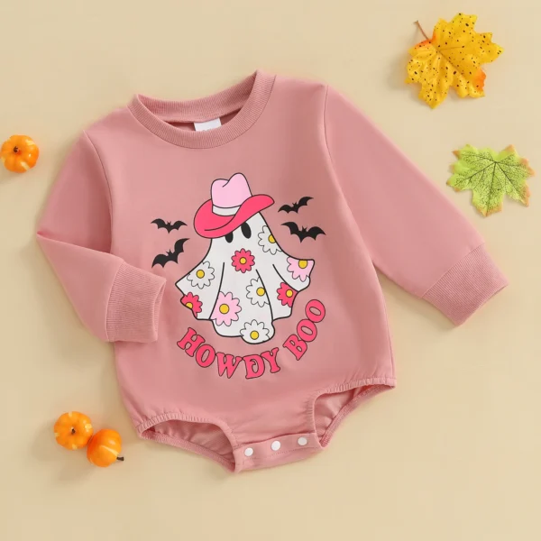 Baby Girls Halloween Romper Long Sleeve Round Neck Letter Bat Ghost Print Sweatshirt Romper – Bild 2