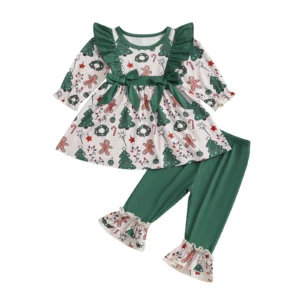 Kid Girls Christmas Outfit, Long Sleeve Tree Print T-shirt with Patchwork Pants Clothing Set Fall Outfit