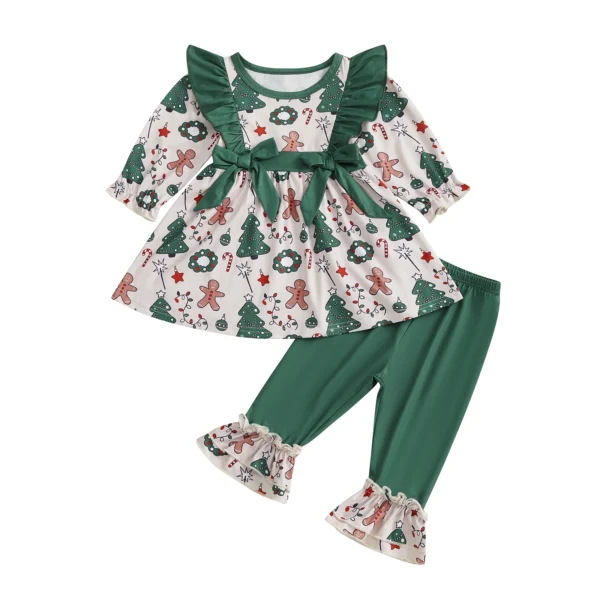 Kid Girls Christmas Outfit, Long Sleeve Tree Print T-shirt with Patchwork Pants Clothing Set Fall Outfit