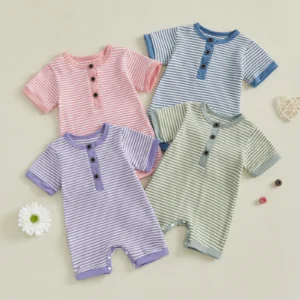 Baby Boys Girls Jumpsuits Short Sleeve Crewneck Button Front Stripes Print Romper Newborn Playsuit