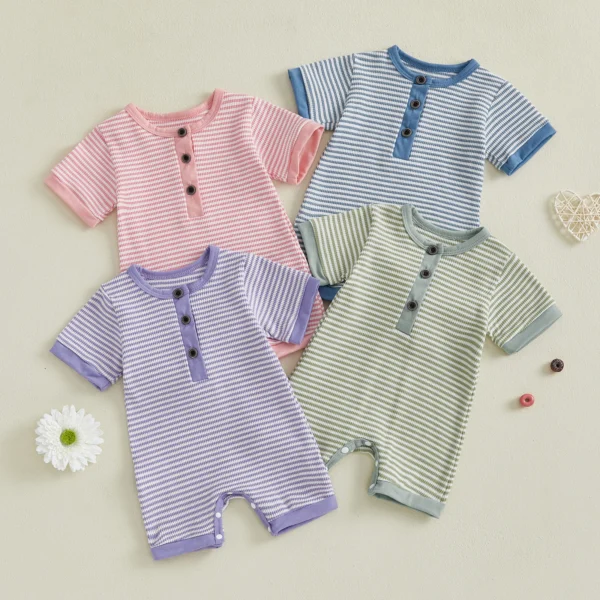 Baby Boys Girls Jumpsuits Short Sleeve Crewneck Button Front Stripes Print Romper Newborn Playsuit