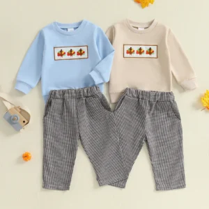 Toddler Boys Thanksgiving Outfits Turkey Embroidery Sweatshirts and Plaid Long Pants 2Pcs Clothes Set