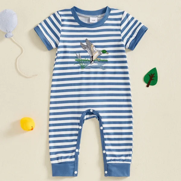 Infant Baby Boys Summer Striped Jumpsuit Short Sleeve Round Neck Duck Embroidery Casual Romper – Bild 2