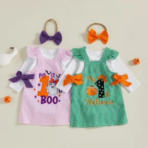 Baby Girl Halloween Outfit Solid Long Sleeve Romper Pumpkin/Ghost Plaid Flying Sleeve Overall Dress Bow Headband 3Pcs Set