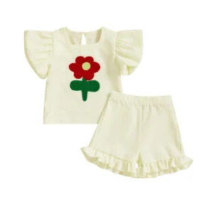 Toddler Girl Summer Outfit Short Puff Sleeve Floral Embroidery Tops with Ruffled Shorts 2Pcs Set