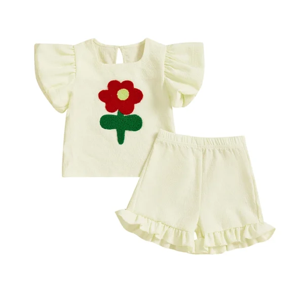 Toddler Girl Summer Outfit Short Puff Sleeve Floral Embroidery Tops with Ruffled Shorts 2Pcs Set
