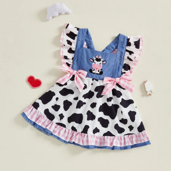 Girls A-line Dress, Sleeveless Plaid Embroidery Cow Patchwork Party Dress Bowknot Summer Dress – Bild 2
