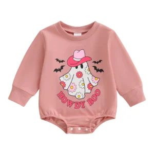 Baby Girls Halloween Romper Long Sleeve Round Neck Letter Bat Ghost Print Sweatshirt Romper