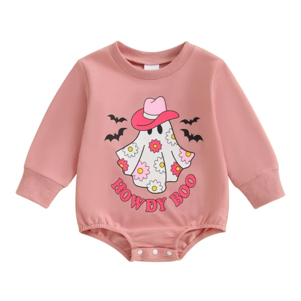 Baby Girls Halloween Romper Long Sleeve Round Neck Letter Bat Ghost Print Sweatshirt Romper