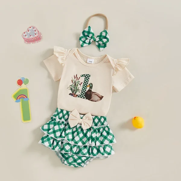 Summer Infant Baby Girl Summer Outfits Short Sleeve Duck Print Romper + Ruffle Shorts + Headband Set Newborn Clothes – Bild 4