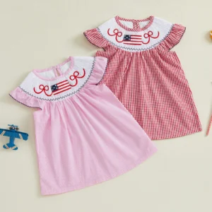Independence Day Toddler Girls Patriotic Dress Casual Bow Flag Embroidery Fly Sleeves A-Line Dress for Beach Party Cute Clothes