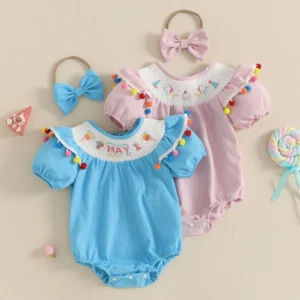Infant Baby Girl Birthday Romper Embroidery Plush Ball Ruffle Short Sleeve Bodysuit with Bow Headband 2 Piece Set