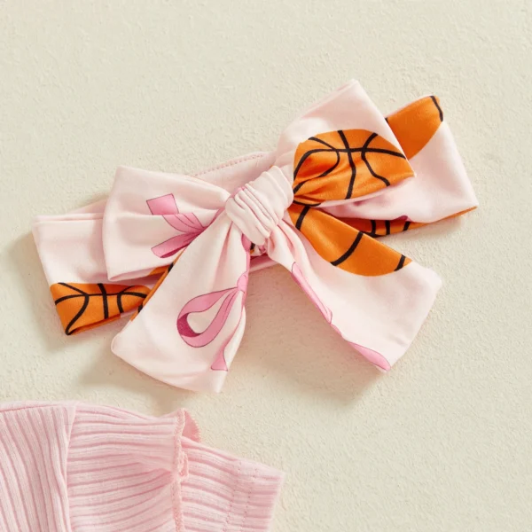 Baby Girls Summer Outfit, Short Sleeve Romper with Bow Print Flare Pants and Headband – Bild 6