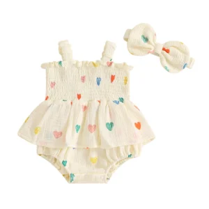 Infant Baby Girl Heart Outfit Frill Trim Smocked Sleeveless Romper Dress Bow Headband Summer Clothes 2 Piece Set