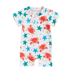 Summer Toddler Boys Rash Guard Swimsuit Playsuits Crab Print Zipper Short Sleeve Sun Protection Bathing Suit