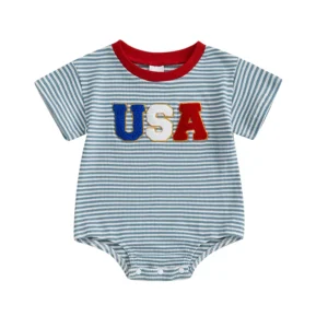 Independence Day Infant Baby Boy 4th of July Jumpsuit Short Sleeve Round Neck Letter Embroidery Striped Romper