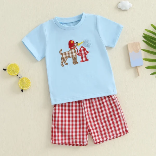Baby Girls Shorts Set, Short Sleeve Embroidery Dog T-shirt with Plaid Shorts Summer 2-piece Outfit – Bild 2