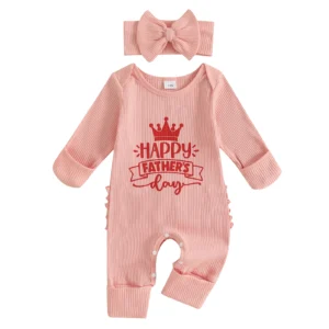 Spring Newborn Baby Girl Fall Outfit Long Sleeve Letters Crown Print Jumpsuit with Bowknot Headband Outfit