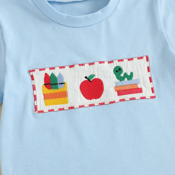 Toddler Boy Back to School Summer Outfits Apple Embroidery Short Sleeve Round Neck T-Shirts with Plaid Shorts – Bild 5