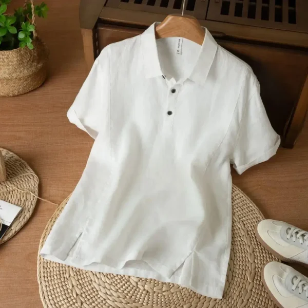 Summer Solid Color Linen Short-sleeved Shirt Men's Light and Breathable Simple Thin Retro Casual Top – Bild 3