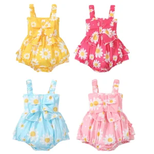 Summer Infant Baby Girl Romper Casual Sleeveless Bow Front Floral Print Bodysuit Newborn Playsuit