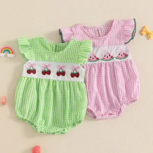 Infant Baby Girl Fly Sleeves Romper Casual Fruit Embroidery Plaid Print Summer Jumpsuit for Newborn Toddler Cute Clothes