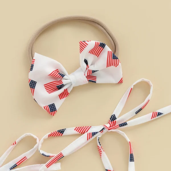 Baby Girl 4th of July Outfit American Flag Tie Shoulder Smocked Romper Dress Bow Headband 2 Piece Summer Set – Bild 5