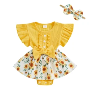 Infant Baby Girl Summer Outfit Sunflower Print Ruffled Flying Sleeve Crew Neck Romper Dress and Bow Headband 2 Pcs Set