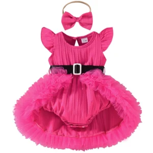 Infant Baby Girls Belted Romper Dress Summer Casual Mesh Patchwork Fly Sleeves Jumpsuit and Headband Set Fashion Clothes