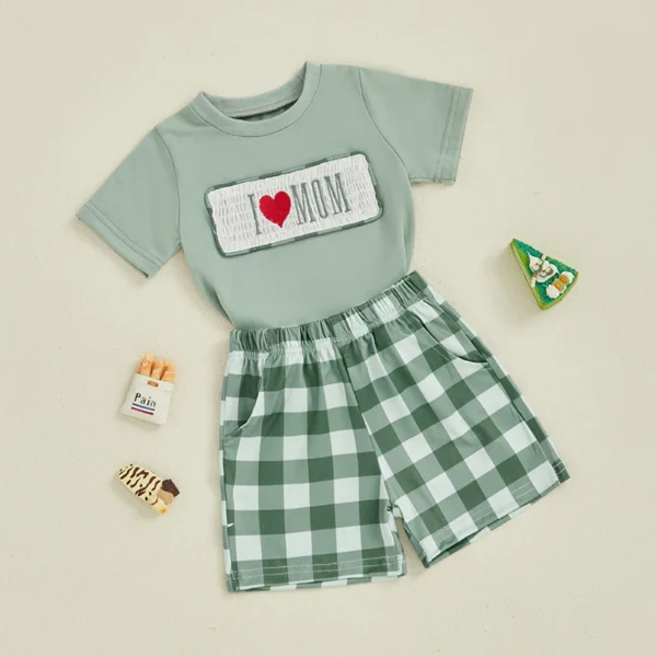 Toddler Baby Summer Outfit Letter Embroidery Short Sleeve T-Shirt with Plaid Shorts 2 Pcs Set for Mother's Day – Bild 4