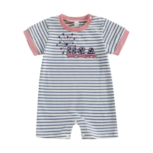 Baby Boy Fourth of July Romper Short Sleeve Crew Neck Firework Embroidery Jumpsuit Newborn Playsuit