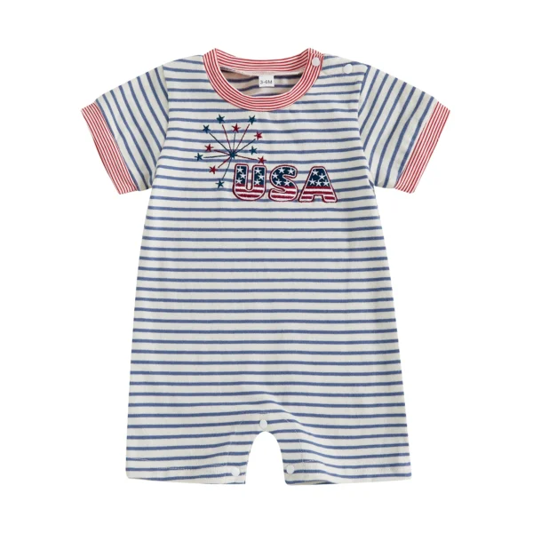 Baby Boy Fourth of July Romper Short Sleeve Crew Neck Firework Embroidery Jumpsuit Newborn Playsuit