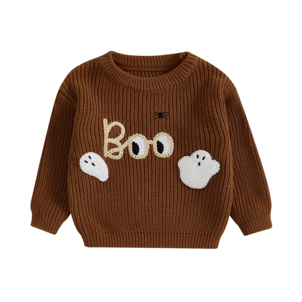 Baby Halloween Sweater Letter Ghost Embroidery Ribbed Crew Neck Long Sleeve Knitted Tops for Fall – Bild 5