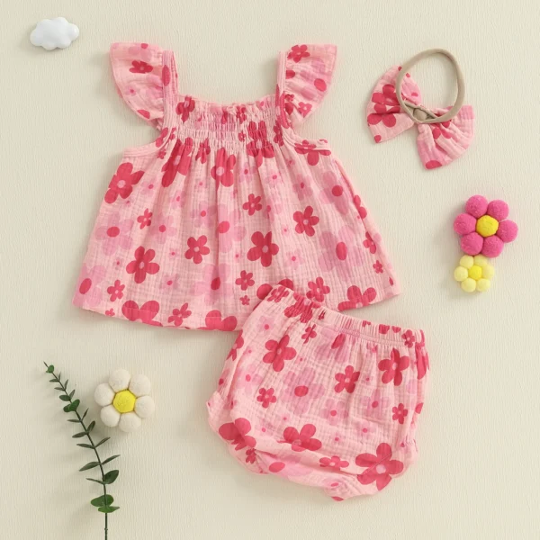 2Pcs Baby Girl Summer Outfits Fly Sleeve Floral Print Tank Tops + Shorts Set Toddler Clothes – Bild 2