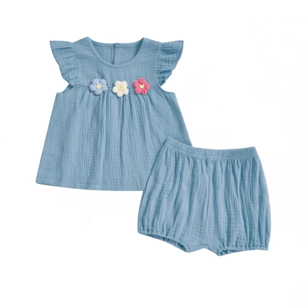 Girls 2 Piece Outfits Flying Sleeve O Neck 3D Flower Tops and Cotton Linen Shorts Sets – Bild 2