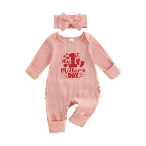 Spring Infant Baby Girl Day Outfits Long Sleeve Round Neck Letter Print Jumpsuit with Headband Set Newborn Clothes