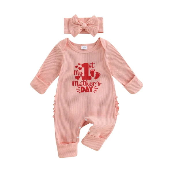 Spring Infant Baby Girl Day Outfits Long Sleeve Round Neck Letter Print Jumpsuit with Headband Set Newborn Clothes