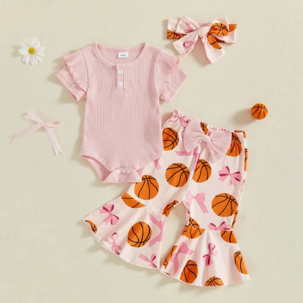 Baby Girls Summer Outfit, Short Sleeve Romper with Bow Print Flare Pants and Headband – Bild 3