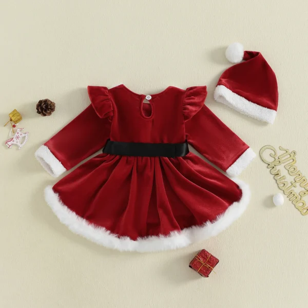 Baby Girls Christmas Romper Dress Plush Patchwork Long Sleeve Jumpsuits and Cute Santa Hat Set for Toddler Outfits – Bild 3