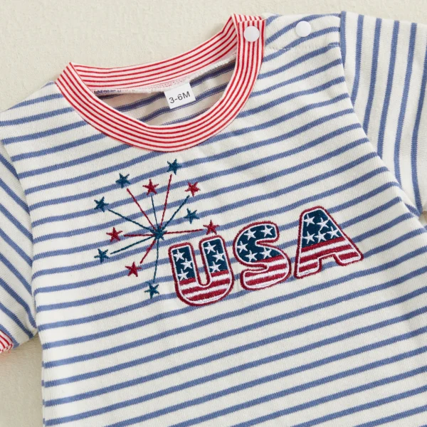 Baby Boy Fourth of July Romper Short Sleeve Crew Neck Firework Embroidery Jumpsuit Newborn Playsuit – Bild 3