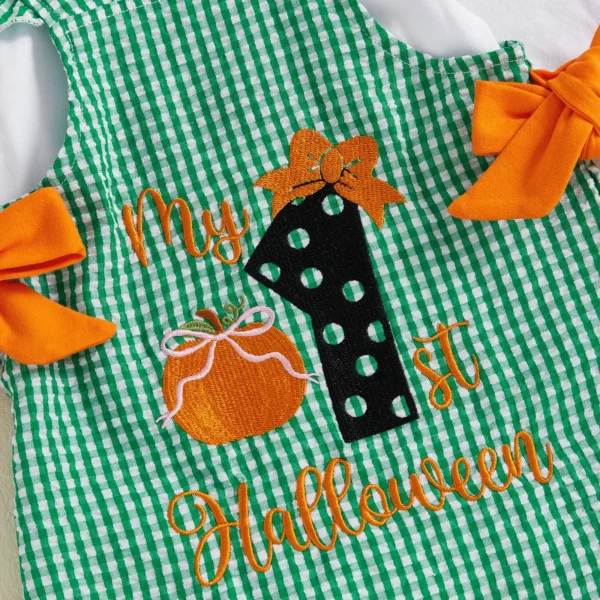 Baby Girl Halloween Outfit Solid Long Sleeve Romper Pumpkin/Ghost Plaid Flying Sleeve Overall Dress Bow Headband 3Pcs Set – Bild 6