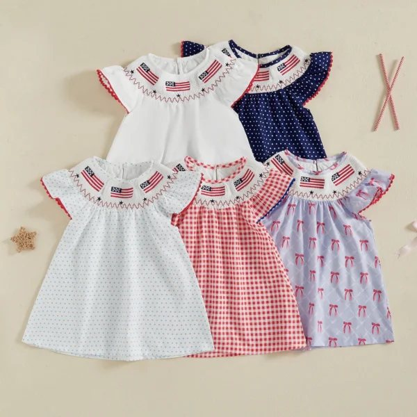Summer Independence Day Kids Girls Patriotic Dress Flag Embroidery Dot/Plaid Print Short Sleeve Dress for Toddler Cute Clothes