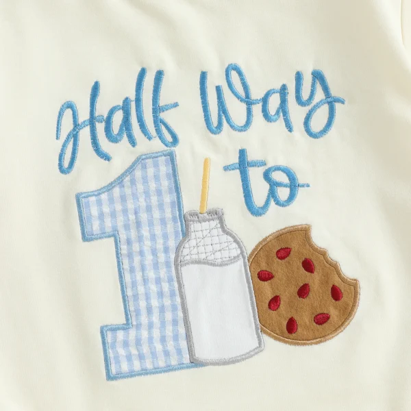 Baby Boy Birthday Jumpsuit Short Sleeve Round Neck Letter Number Biscuit Embroidery Romper – Bild 6
