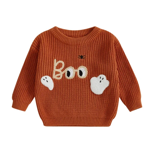 Baby Halloween Sweater Letter Ghost Embroidery Ribbed Crew Neck Long Sleeve Knitted Tops for Fall – Bild 4