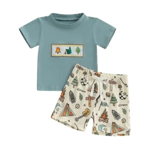 Summer Toddler Boys Outfits Camping Elements Embroidery Short Sleeve T-Shirts Elastic Waist Shorts 2Pcs Clothes Set