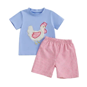Boys Summer Shorts Sets Short Sleeve Chick Embroidery Tops and Plaid Shorts Sets