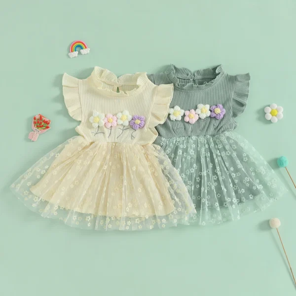 Toddler Girl Tulle Patchwork Dress Floral Print Flying Sleeve Mock Neck A-Line Dress for Summer