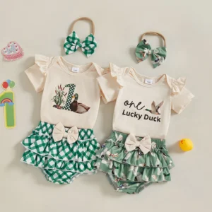 Summer Infant Baby Girl Summer Outfits Short Sleeve Duck Print Romper + Ruffle Shorts + Headband Set Newborn Clothes
