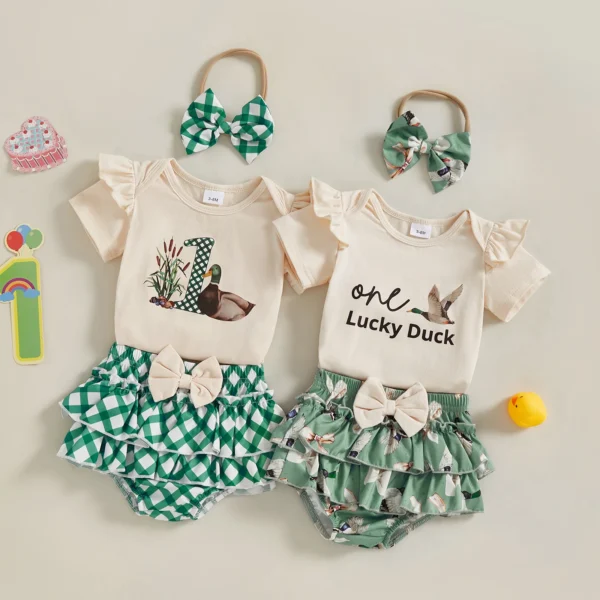 Summer Infant Baby Girl Summer Outfits Short Sleeve Duck Print Romper + Ruffle Shorts + Headband Set Newborn Clothes